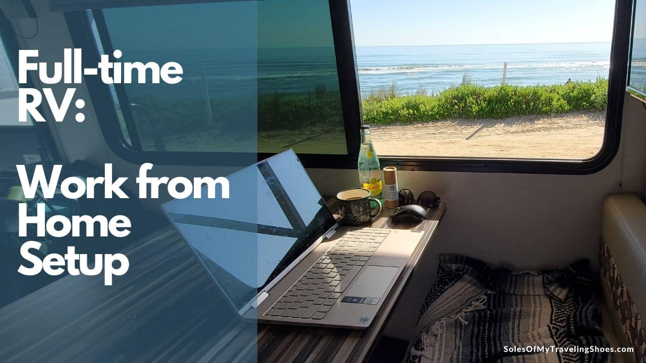 RV dinette with a laptop and work station overlooking the ocean