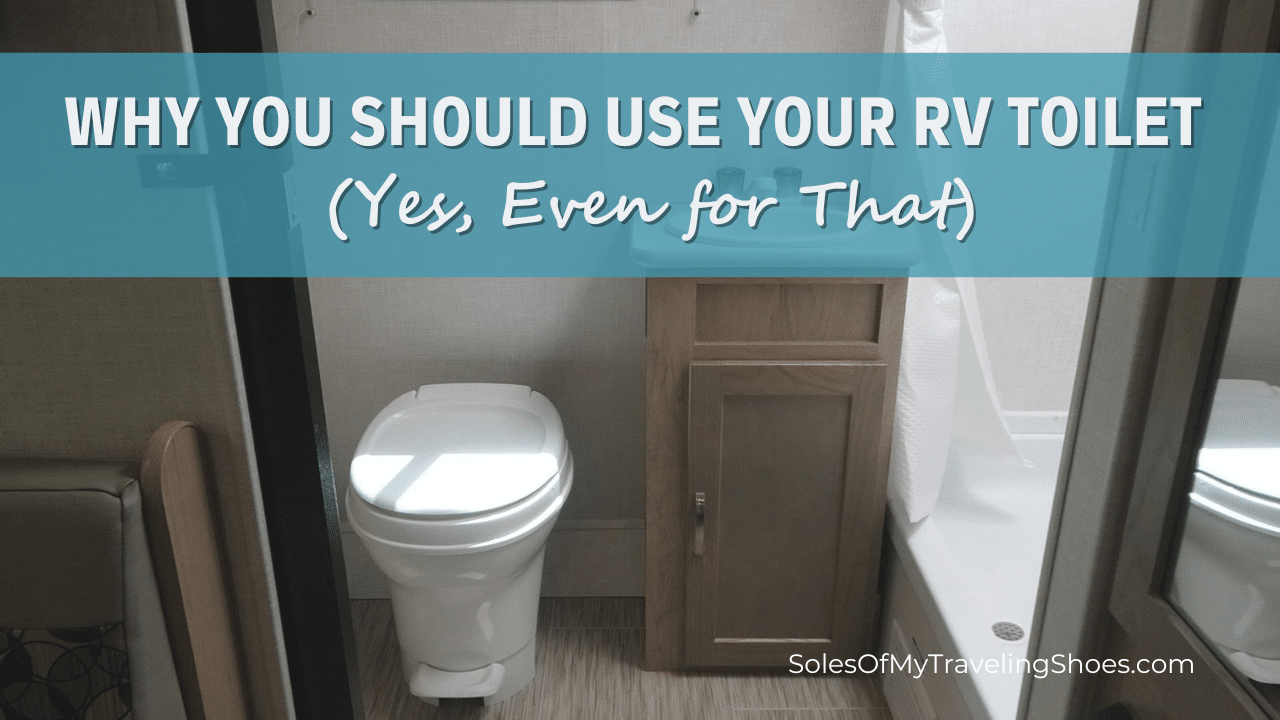 RV bathroom with toilet and sink with banner why you should use your RV toilet