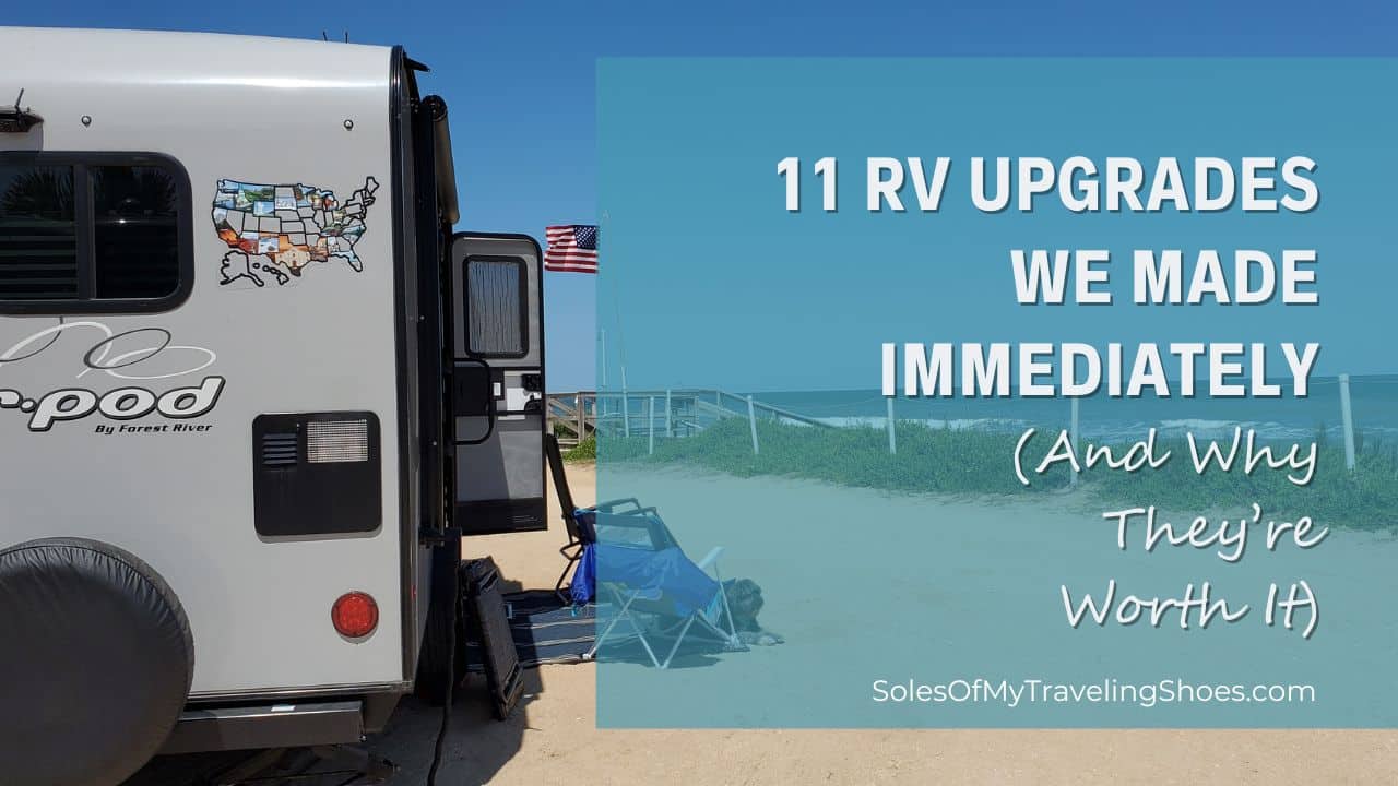 RV Parked on a beach with RV Upgrades we made immediately text